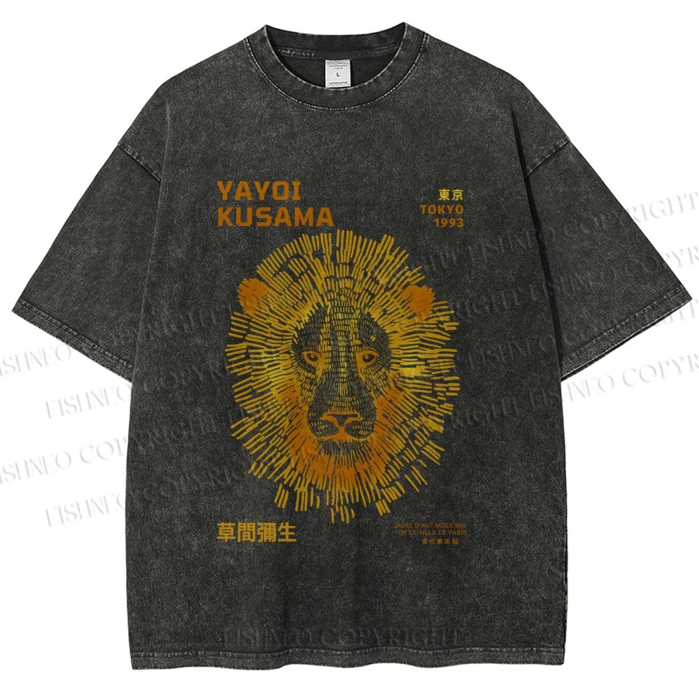 Unisex Yayoi Kusama Line Lion Printed Washed Tee