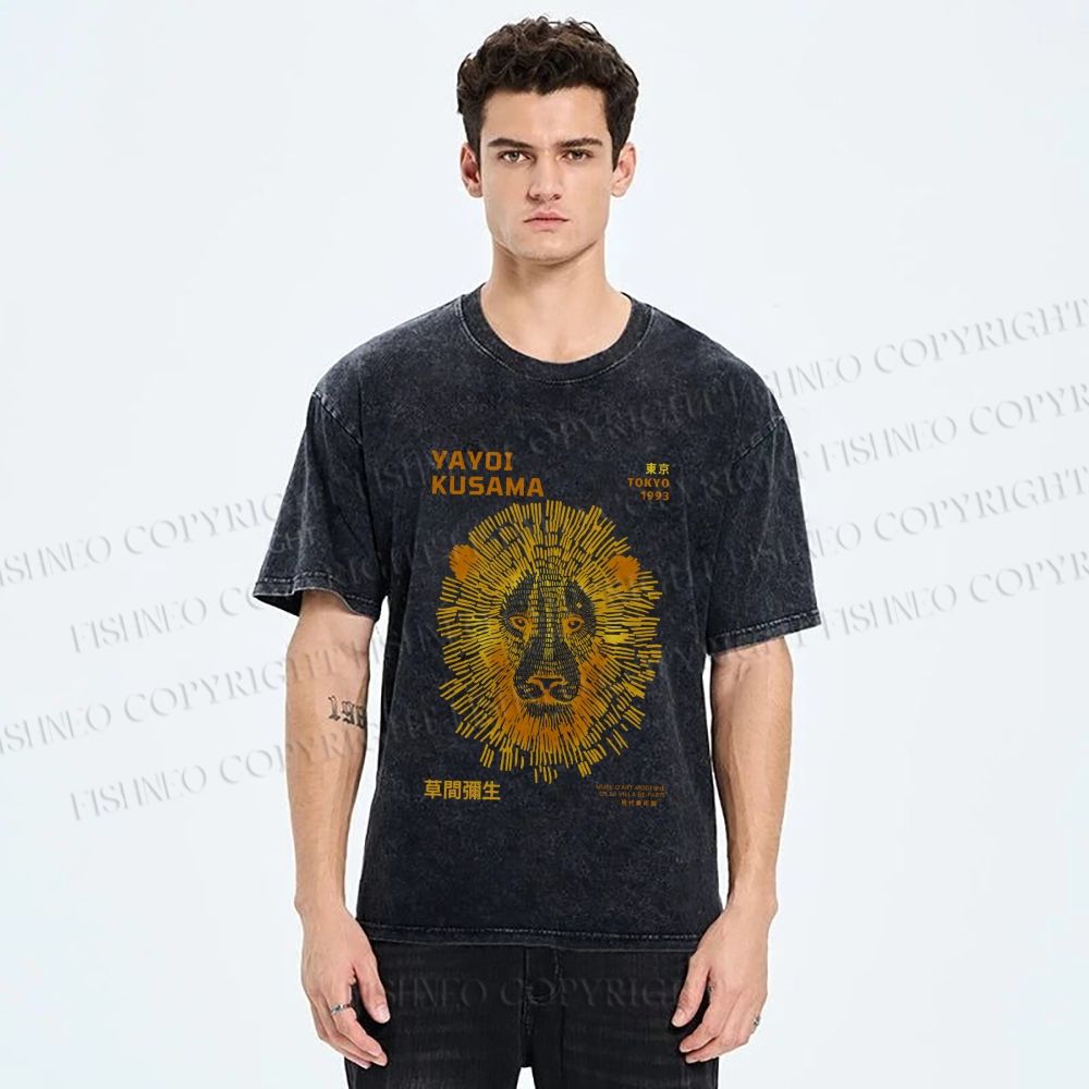 Unisex Yayoi Kusama Line Lion Printed Washed Tee