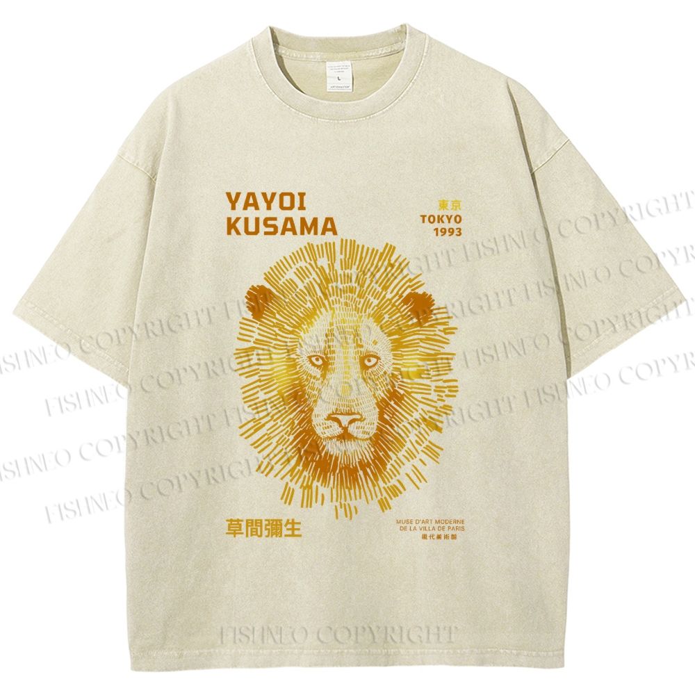 Unisex Yayoi Kusama Line Lion Printed Washed Tee