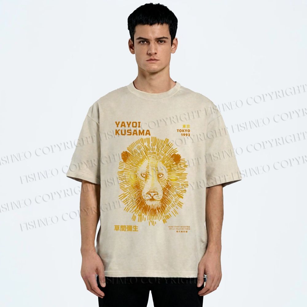 Unisex Yayoi Kusama Line Lion Printed Washed Tee