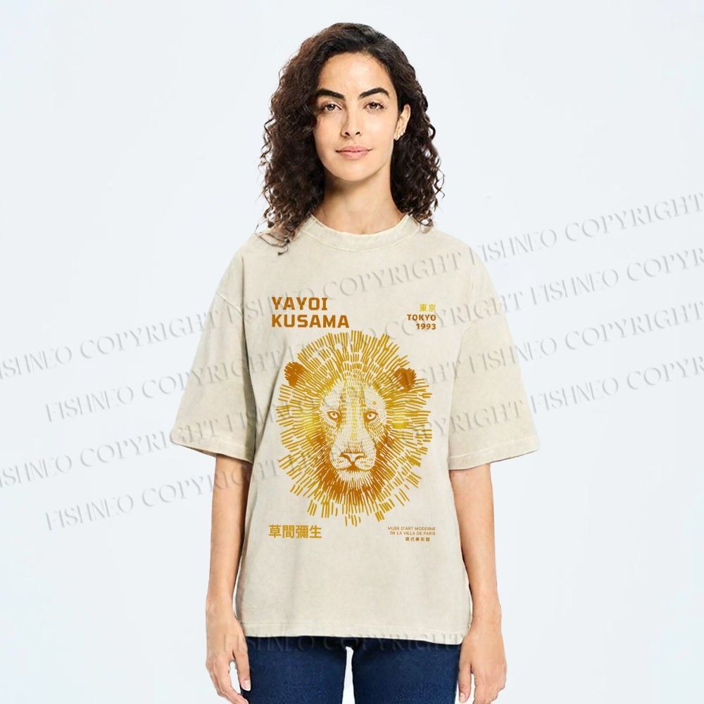 Unisex Yayoi Kusama Line Lion Printed Washed Tee