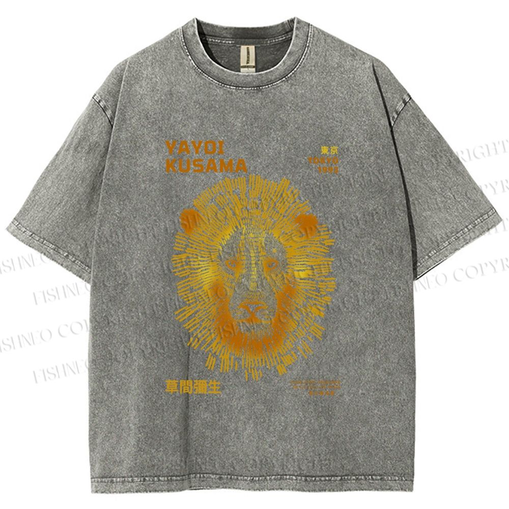 Unisex Yayoi Kusama Line Lion Printed Washed Tee