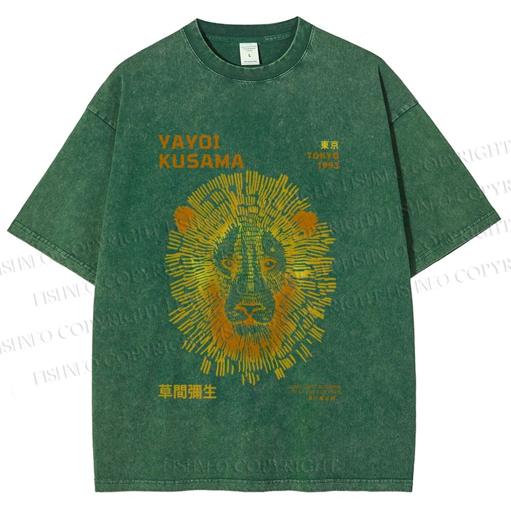 Unisex Yayoi Kusama Line Lion Printed Washed Tee