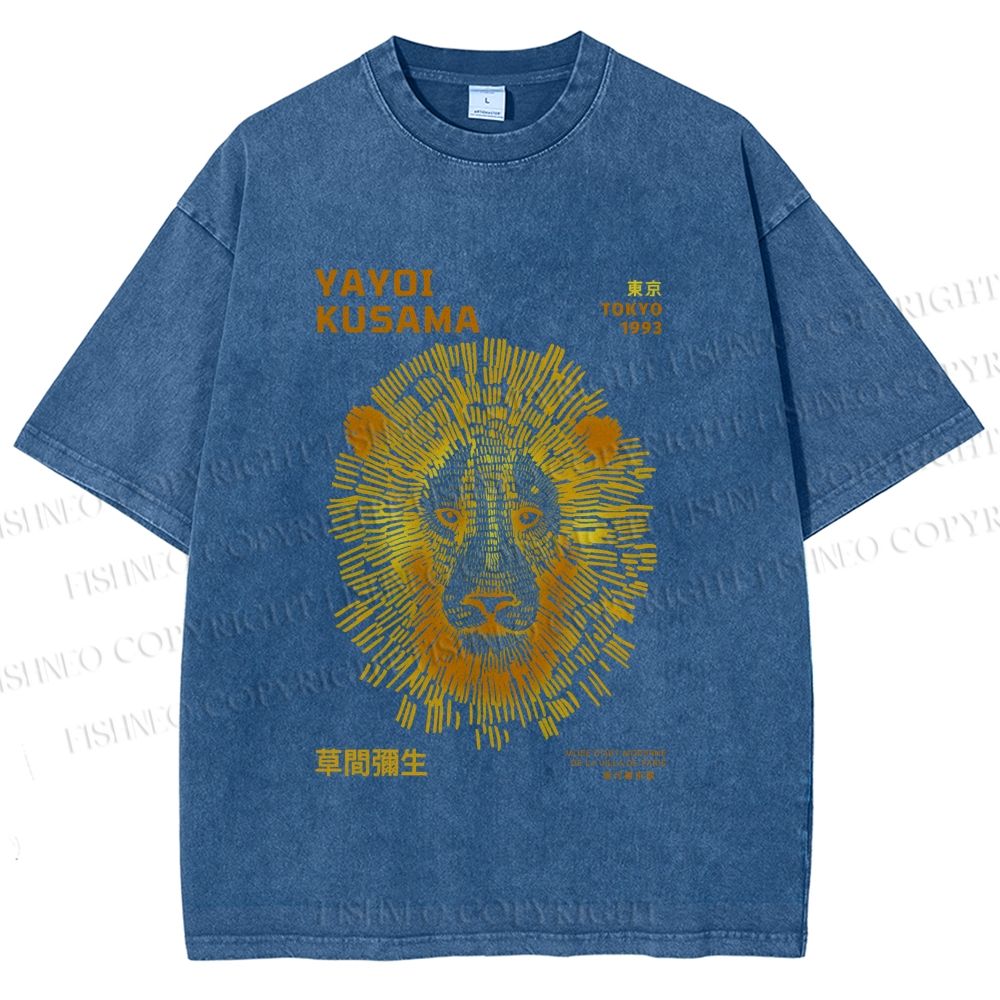 Unisex Yayoi Kusama Line Lion Printed Washed Tee