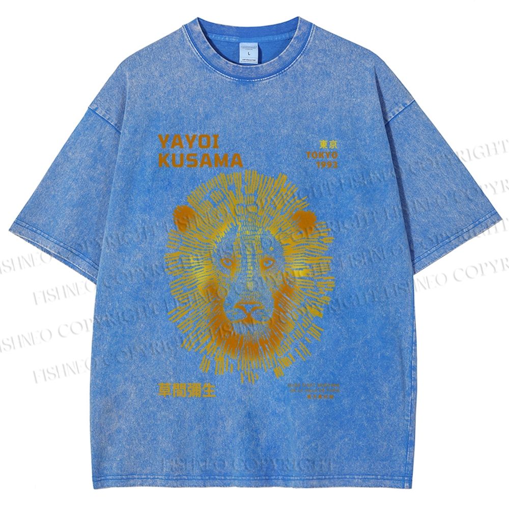 Unisex Yayoi Kusama Line Lion Printed Washed Tee