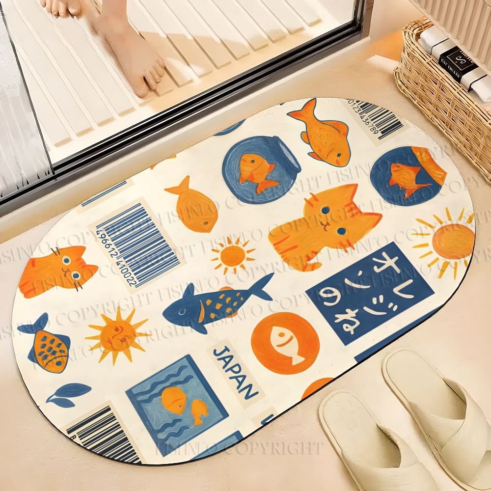 Japanese Cartoon Cat And Fish Printed Bath Mat