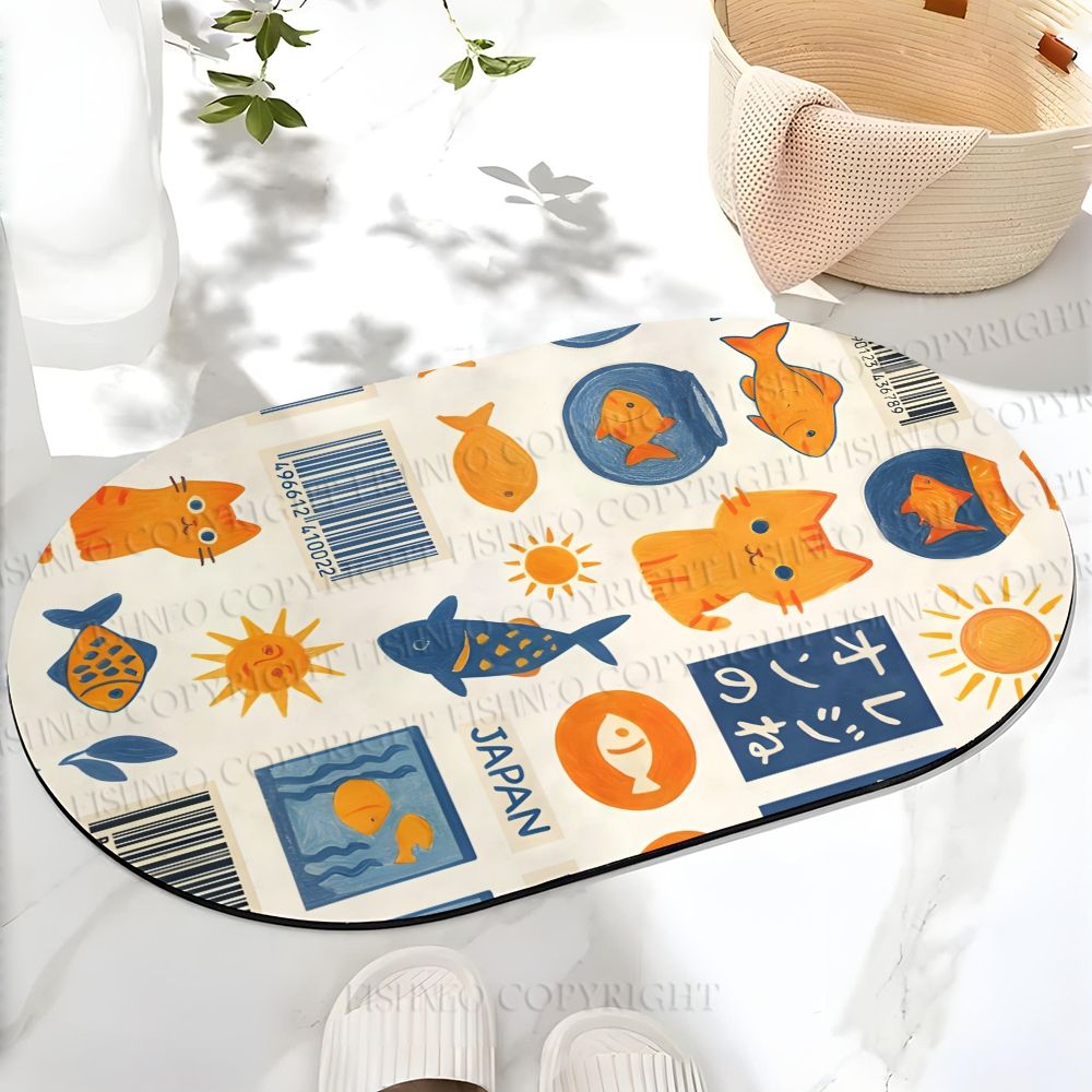 Japanese Cartoon Cat And Fish Printed Bath Mat