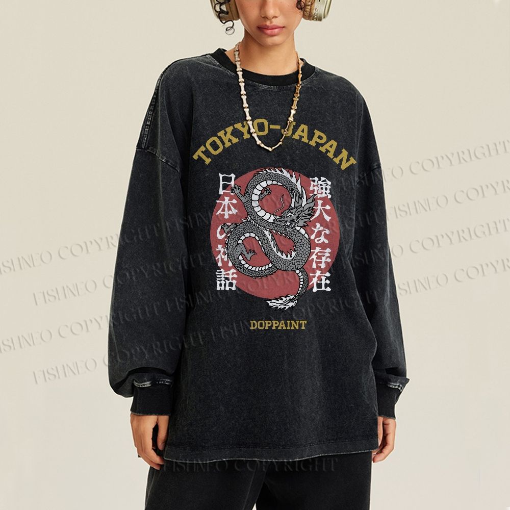 Unisex Casual Washed Tokyo Japan Dragon Printed Long Sleeve T-shirt