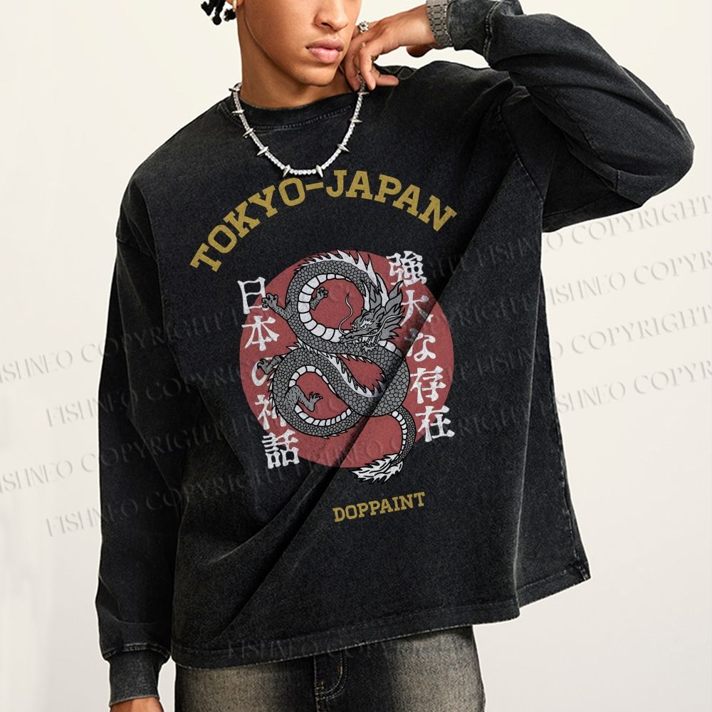 Unisex Casual Washed Tokyo Japan Dragon Printed Long Sleeve T-shirt