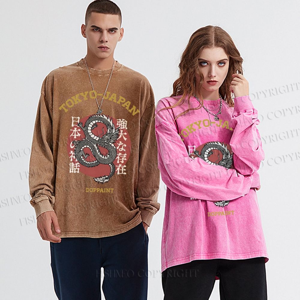Unisex Casual Washed Tokyo Japan Dragon Printed Long Sleeve T-shirt