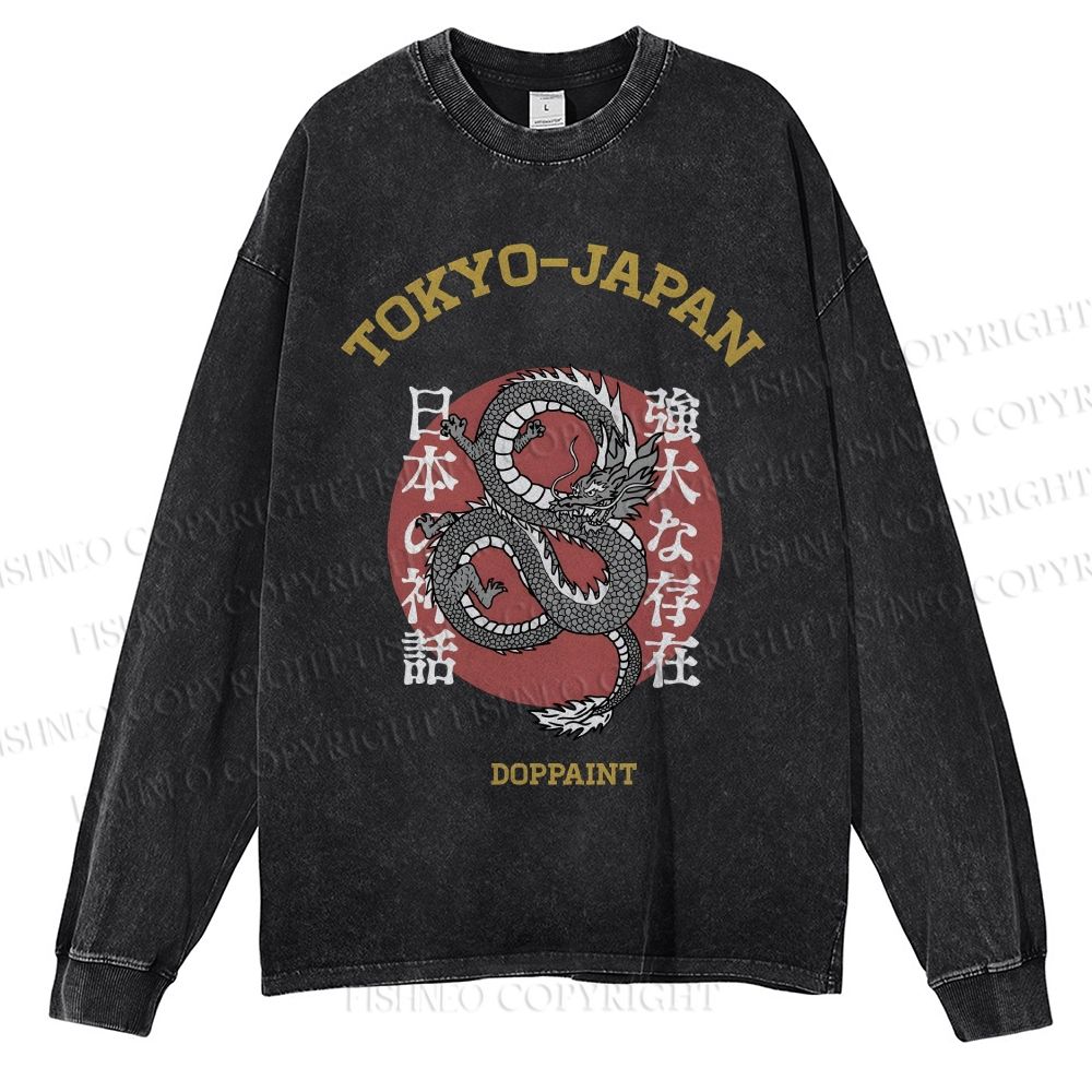 Unisex Casual Washed Tokyo Japan Dragon Printed Long Sleeve T-shirt