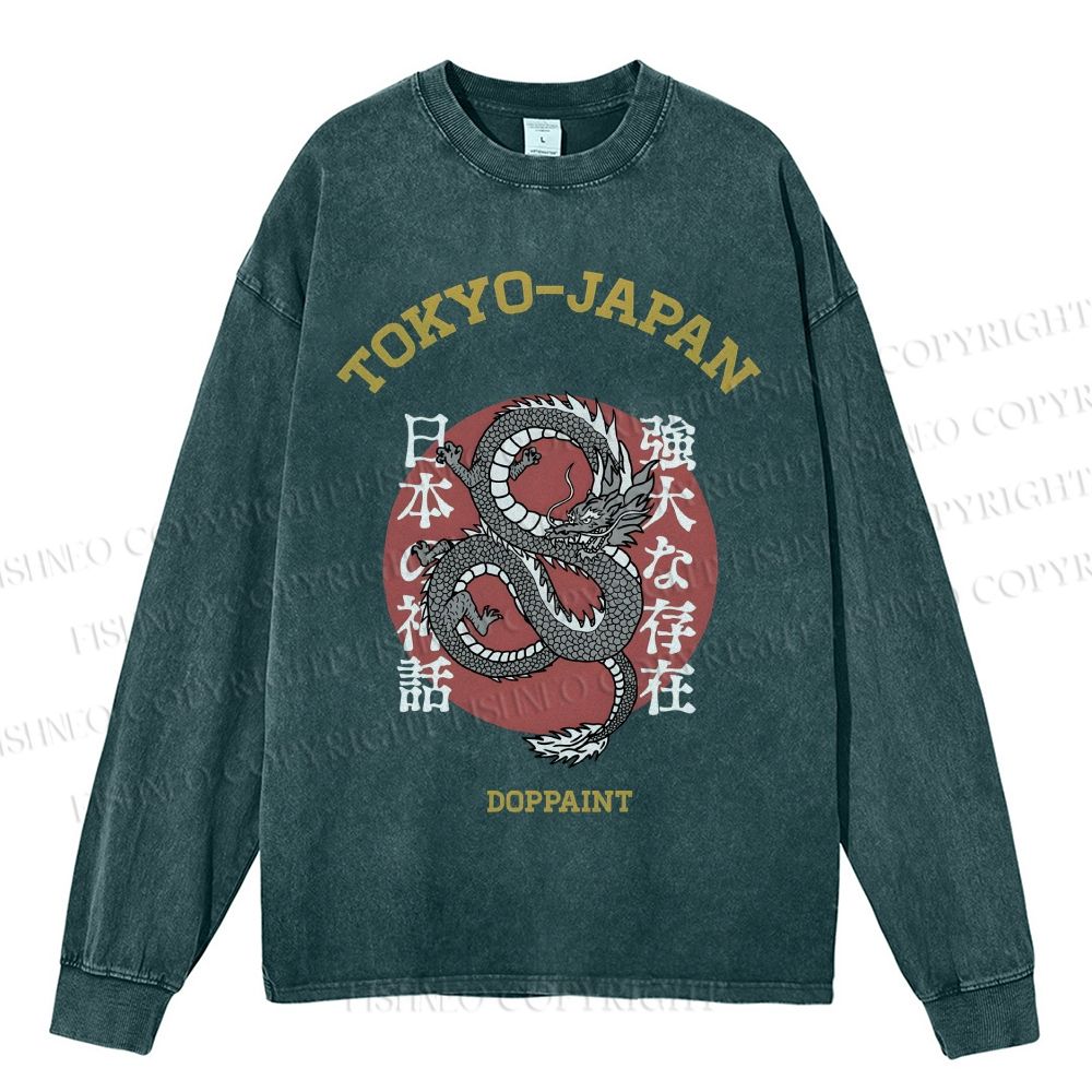 Unisex Casual Washed Tokyo Japan Dragon Printed Long Sleeve T-shirt