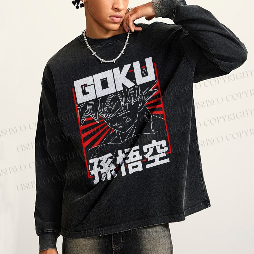 Unisex Casual Washed Goku Printed Long Sleeve T-shirt