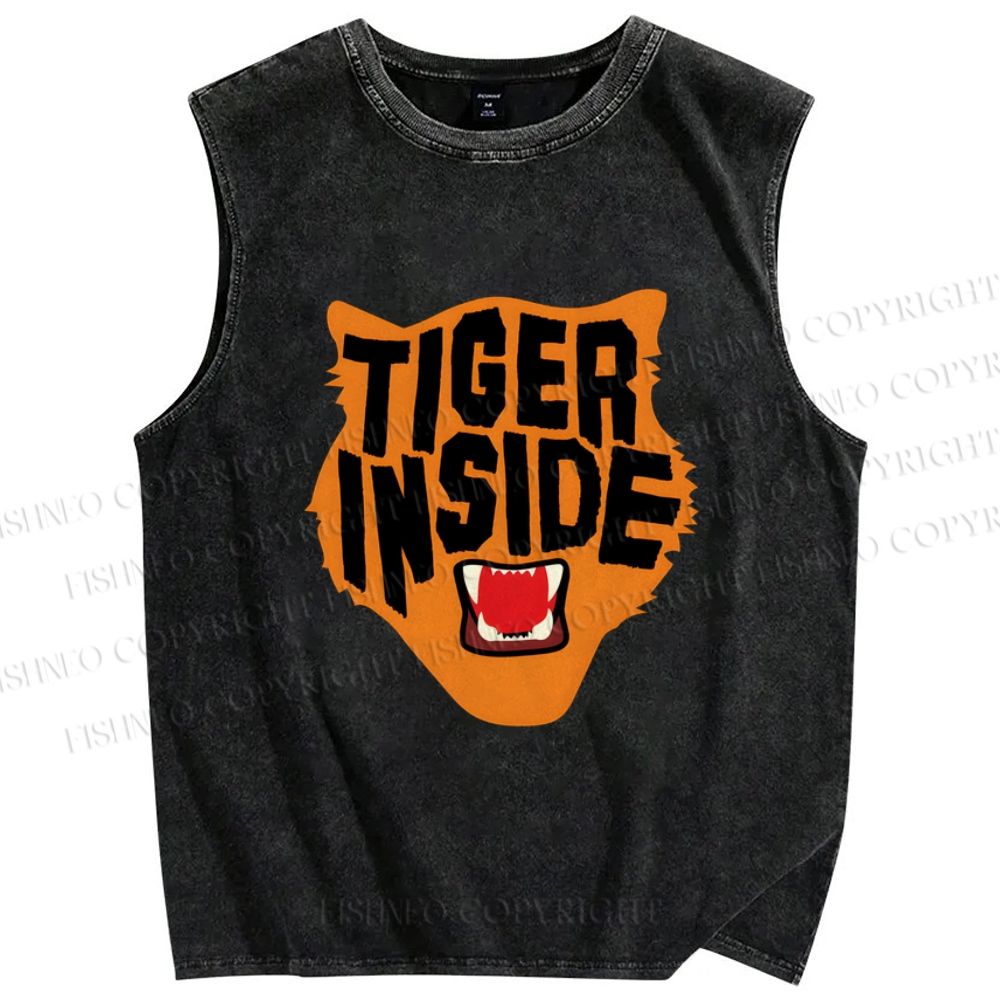 Unisex Tiger Inside Printed Washed Tank Top