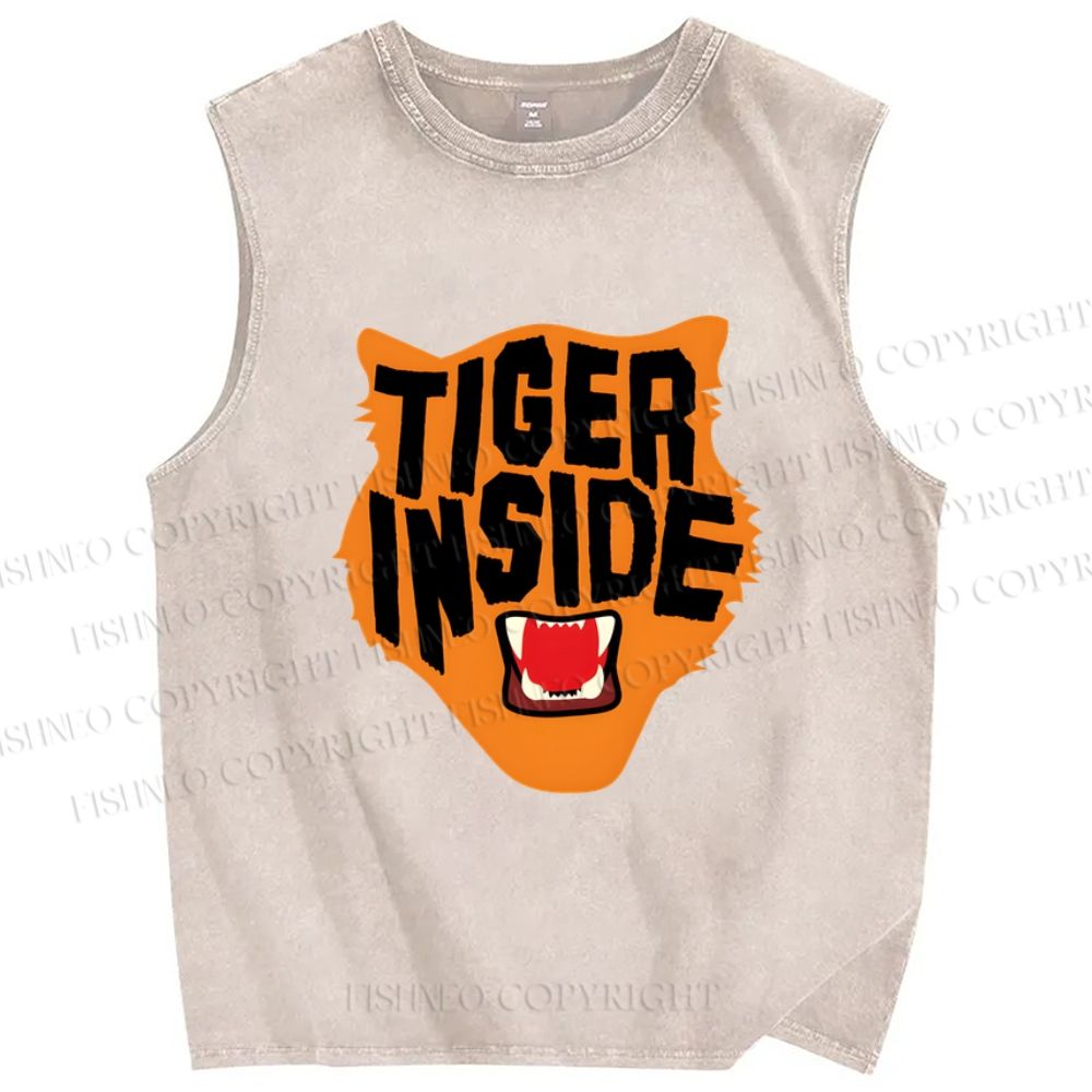 Unisex Tiger Inside Printed Washed Tank Top