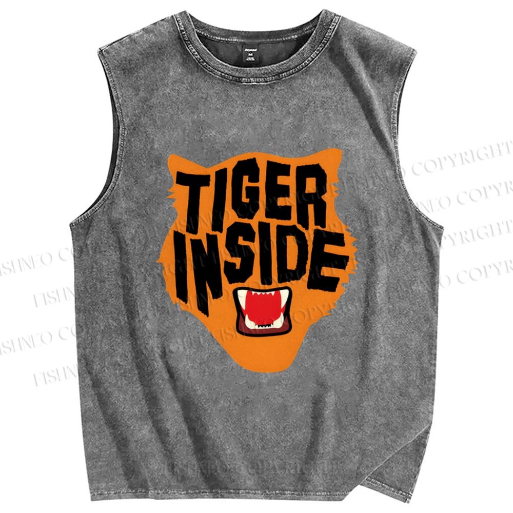 Unisex Tiger Inside Printed Washed Tank Top