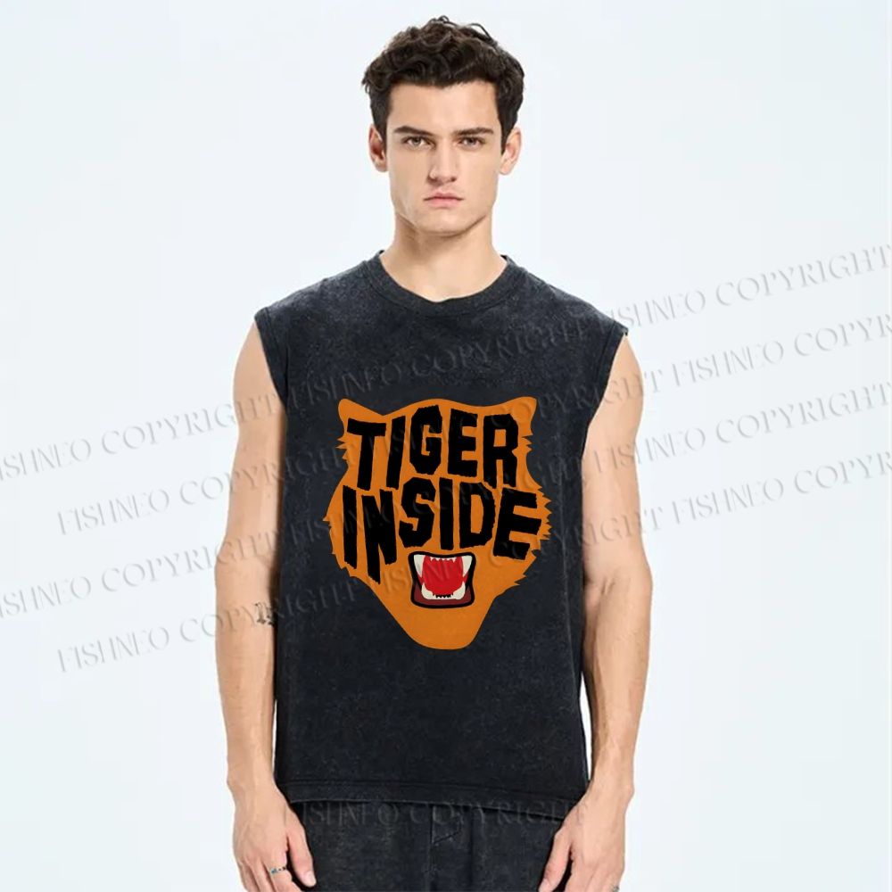 Unisex Tiger Inside Printed Washed Tank Top