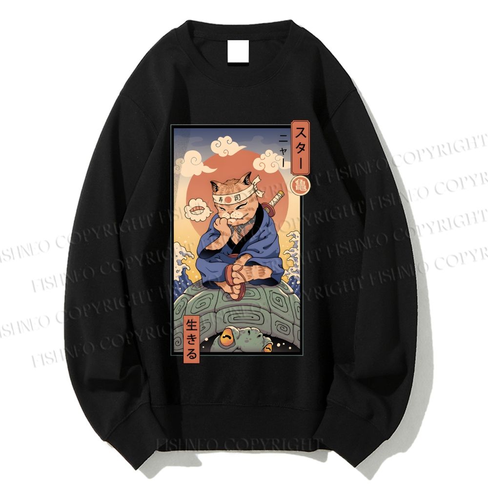 Unisex Ukiyo-e Cat Turtle Printed Sweatshirt