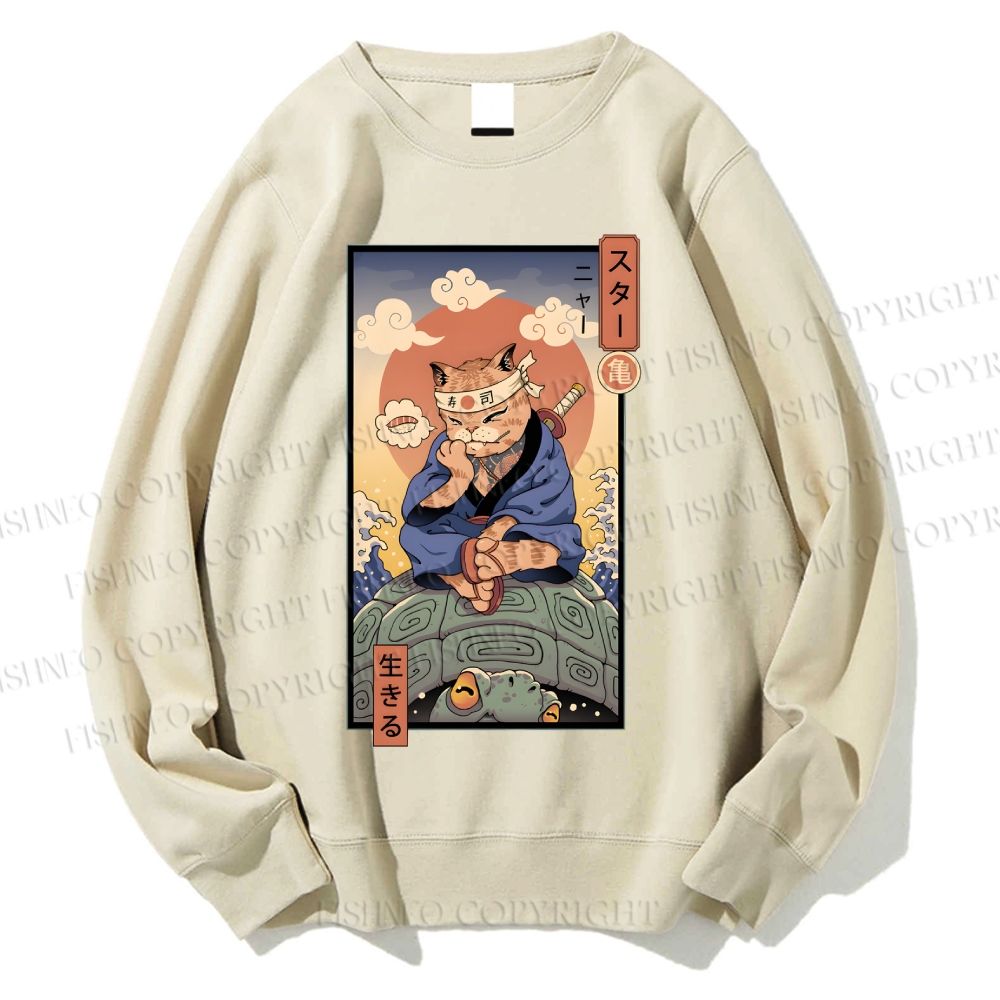 Unisex Ukiyo-e Cat Turtle Printed Sweatshirt