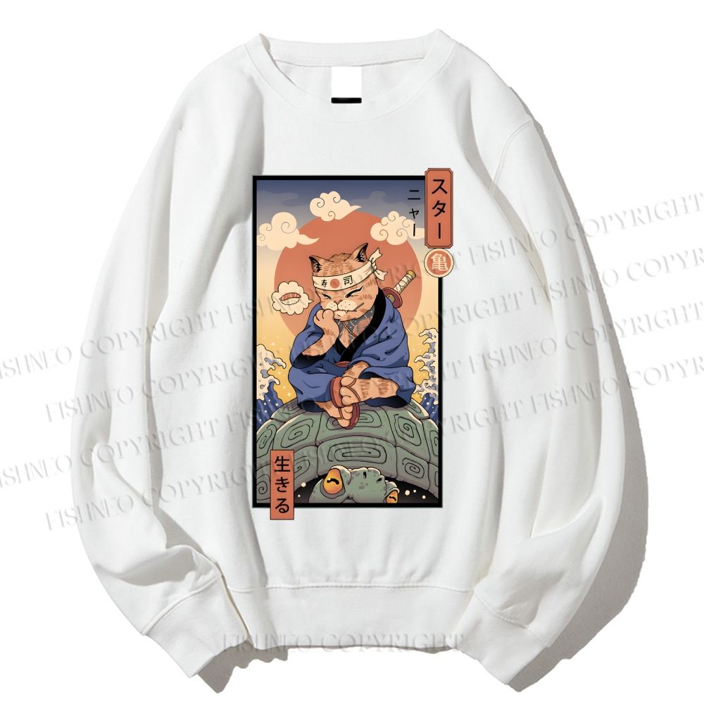 Unisex Ukiyo-e Cat Turtle Printed Sweatshirt