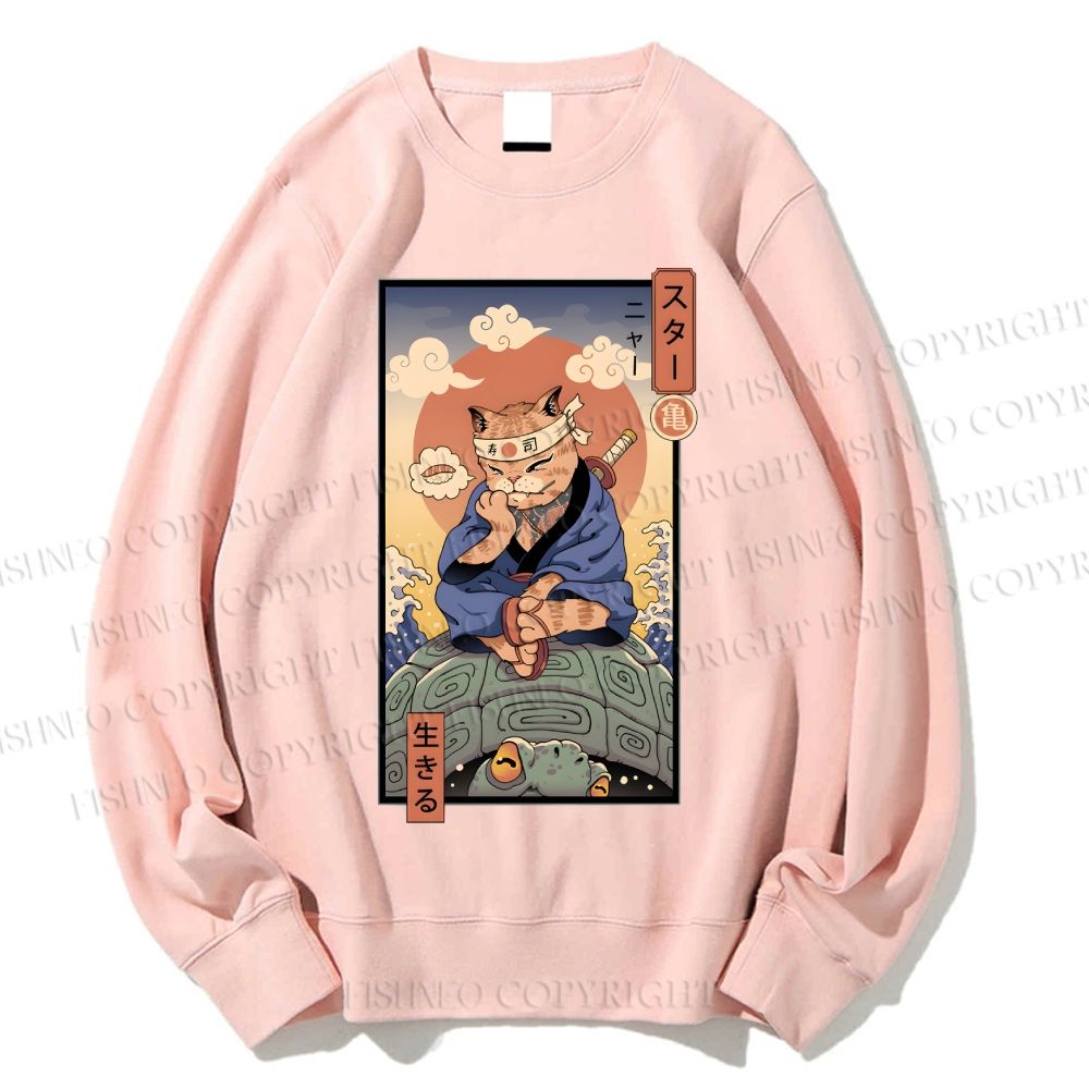 Unisex Ukiyo-e Cat Turtle Printed Sweatshirt