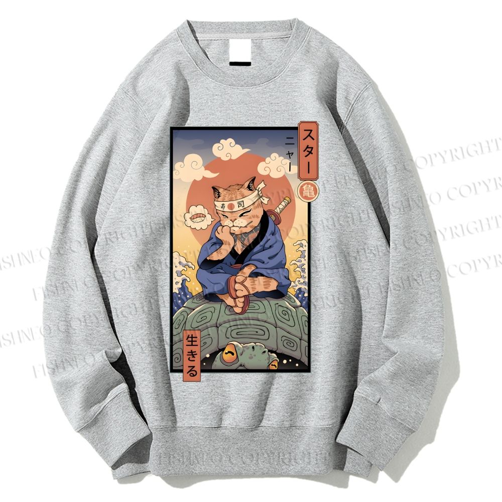 Unisex Ukiyo-e Cat Turtle Printed Sweatshirt