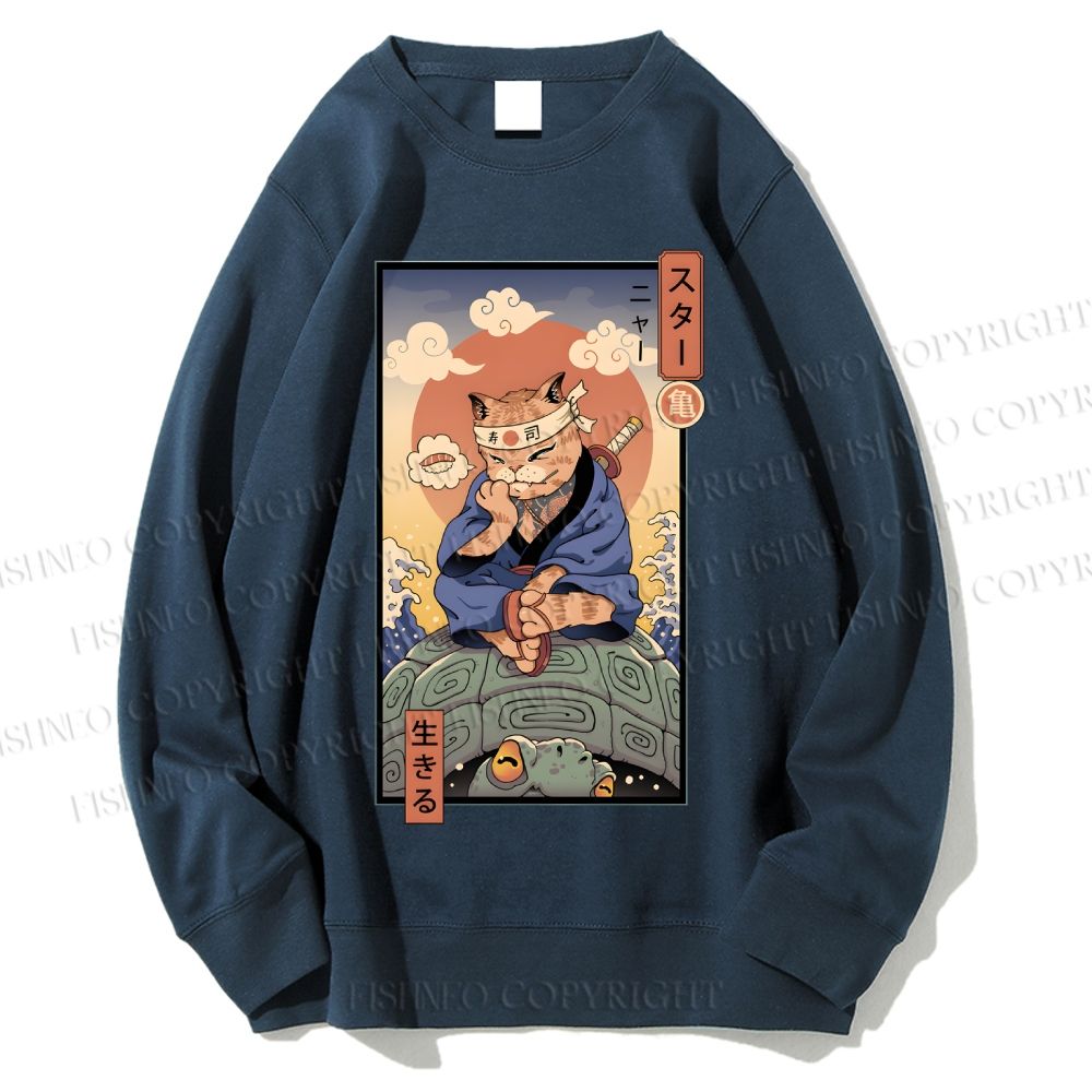 Unisex Ukiyo-e Cat Turtle Printed Sweatshirt