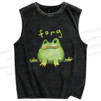 Unisex Cartoon Frog Printed Washed Tank Top