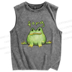 Unisex Cartoon Frog Printed Washed Tank Top