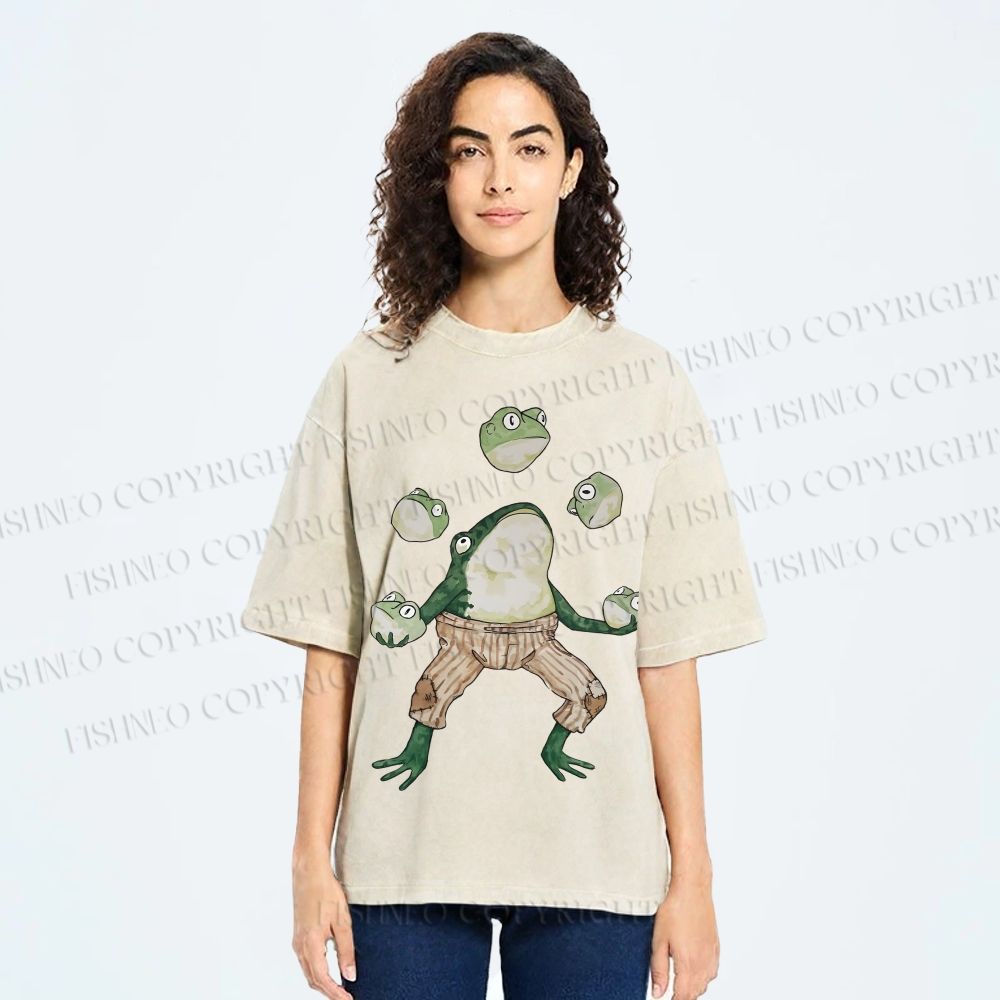 Unisex Juggling Frog Printed Washed Tee