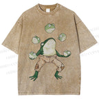 Unisex Juggling Frog Printed Washed Tee
