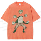 Unisex Juggling Frog Printed Washed Tee