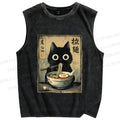 Unisex Cat Eating Ramen Printed Washed Tank Top