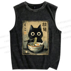 Unisex Cat Eating Ramen Printed Washed Tank Top