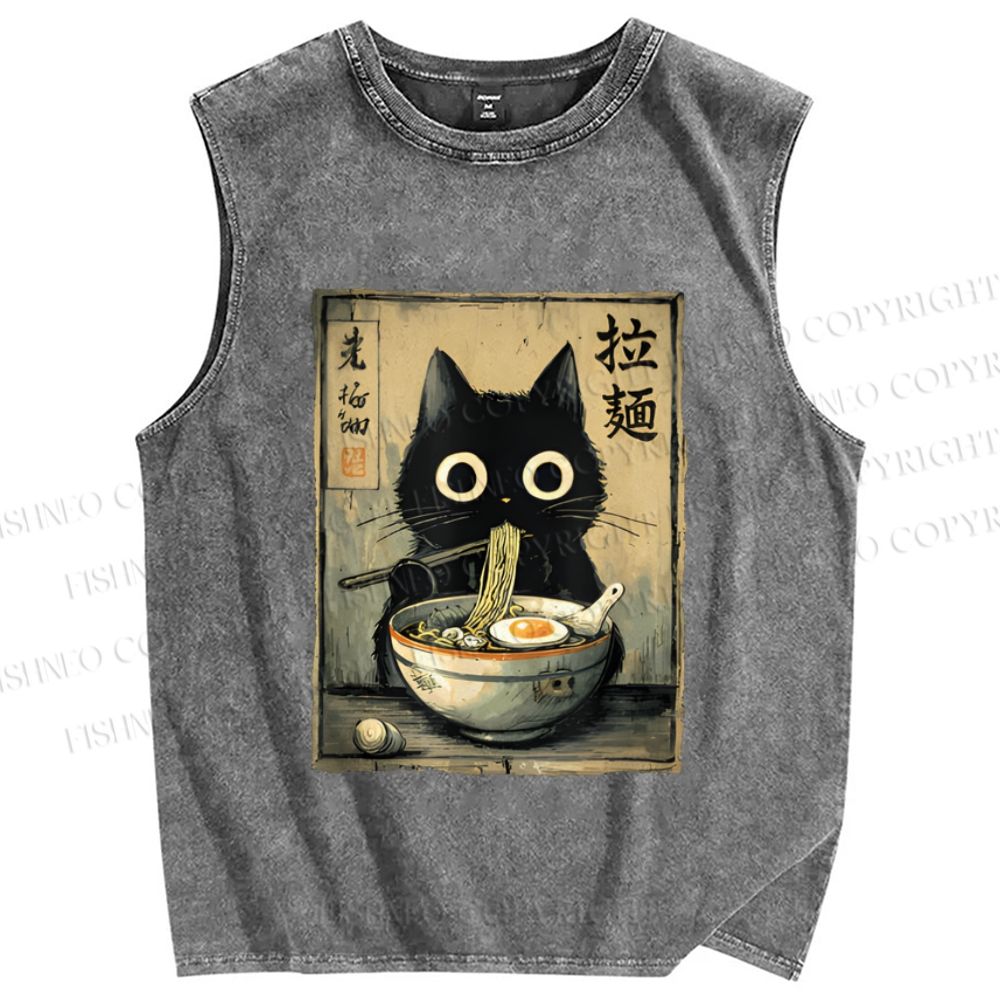 Unisex Cat Eating Ramen Printed Washed Tank Top