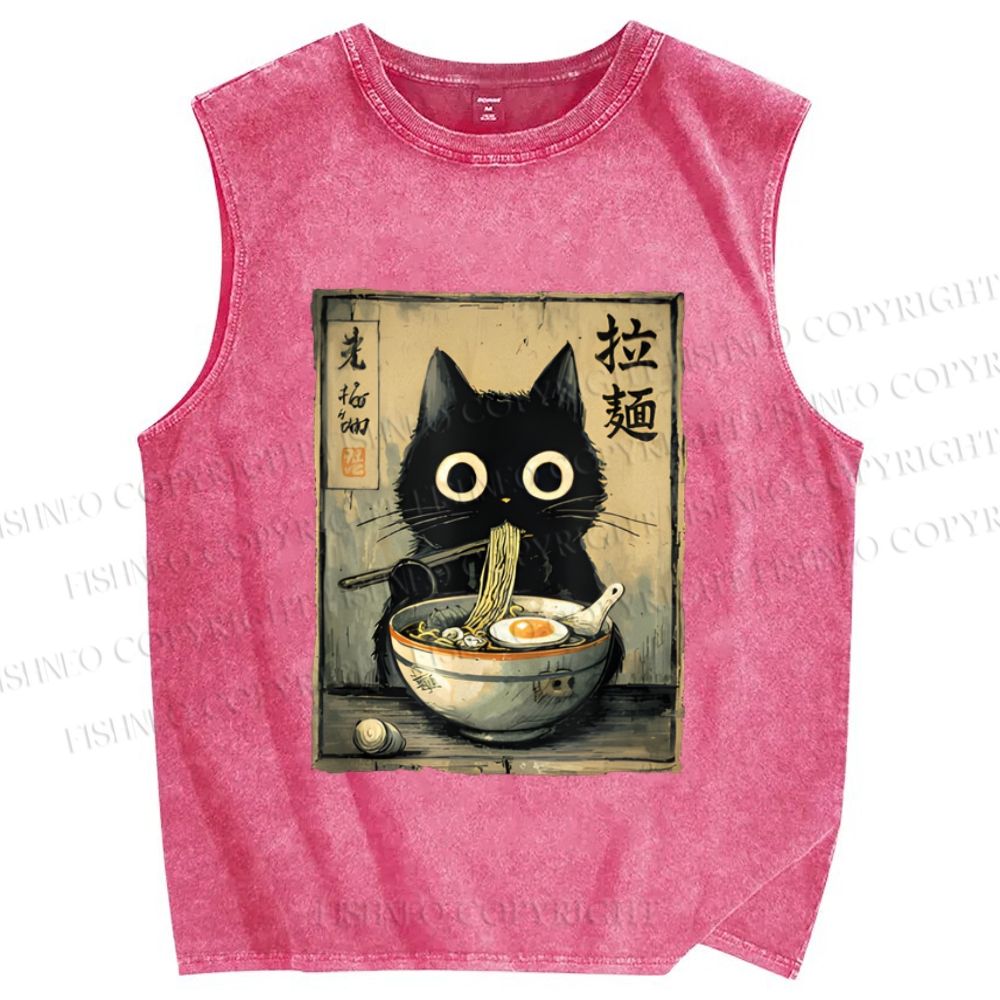 Unisex Cat Eating Ramen Printed Washed Tank Top