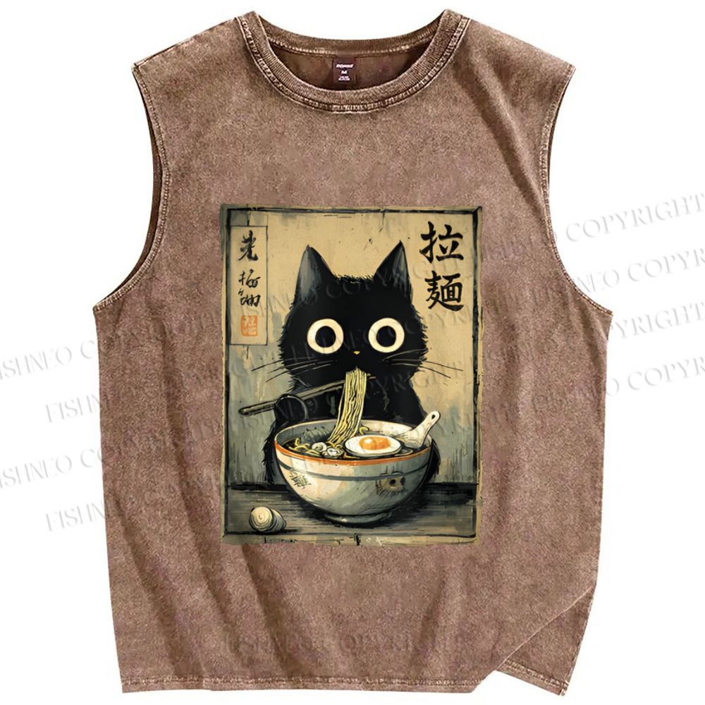 Unisex Cat Eating Ramen Printed Washed Tank Top