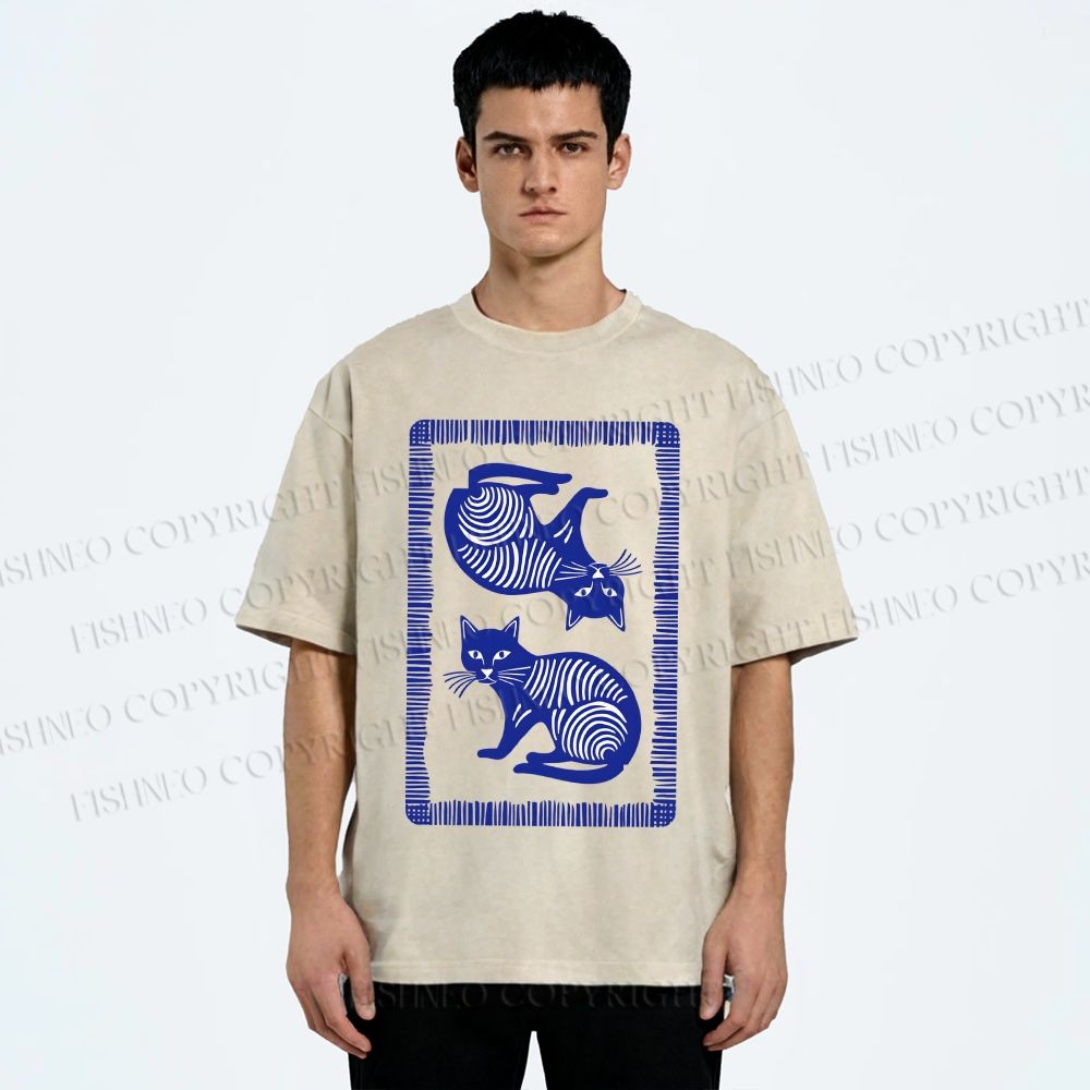 Unisex Print Of Cat Printed Washed Tee