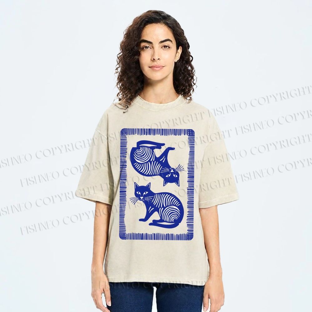 Unisex Print Of Cat Printed Washed Tee