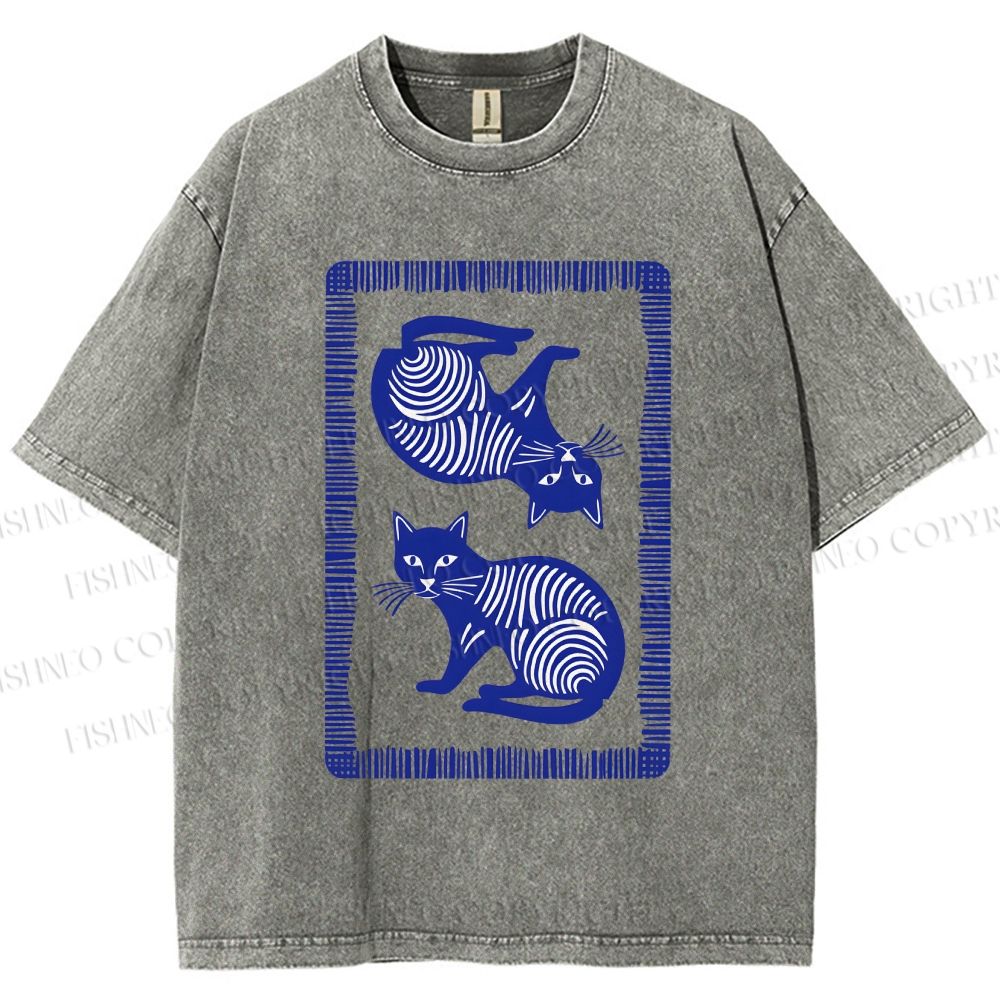 Unisex Print Of Cat Printed Washed Tee