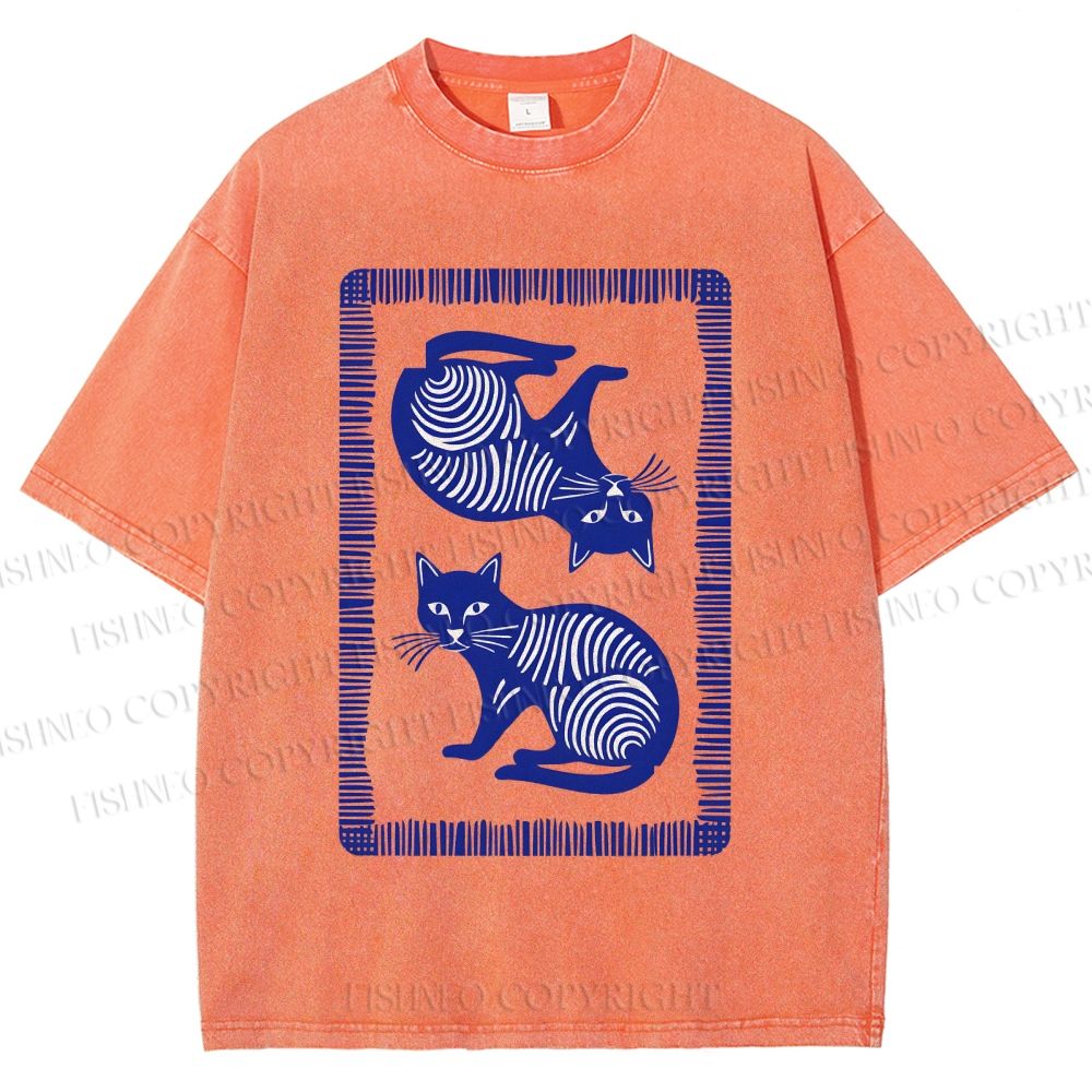 Unisex Print Of Cat Printed Washed Tee