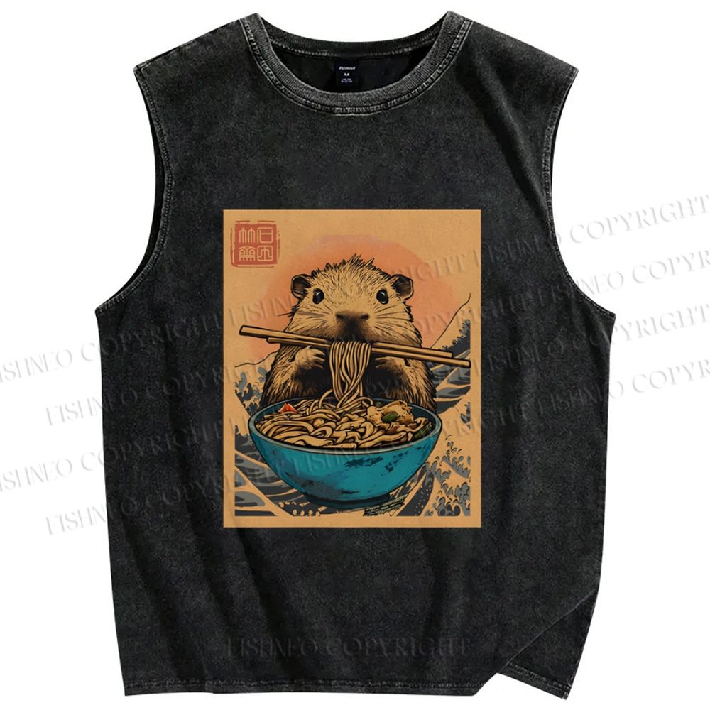 Unisex Guinea Pig Ramen Printed Washed Tank Top