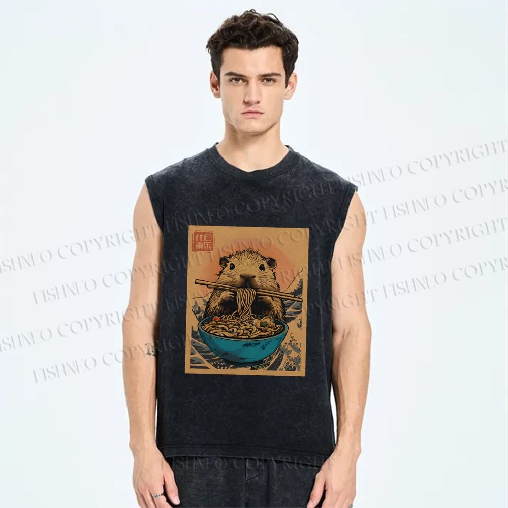 Unisex Guinea Pig Ramen Printed Washed Tank Top