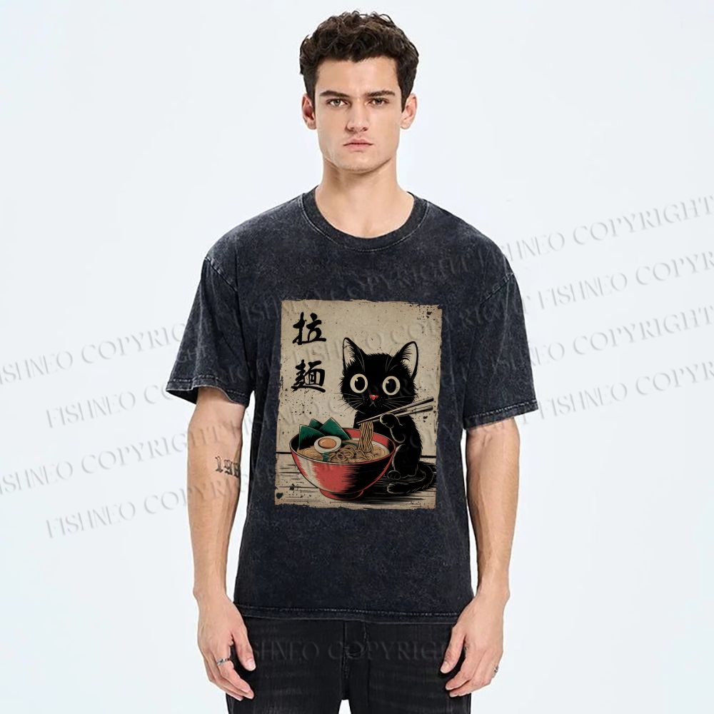 Unisex Adorable Black Cat Enjoying Ramen Printed Washed Tee