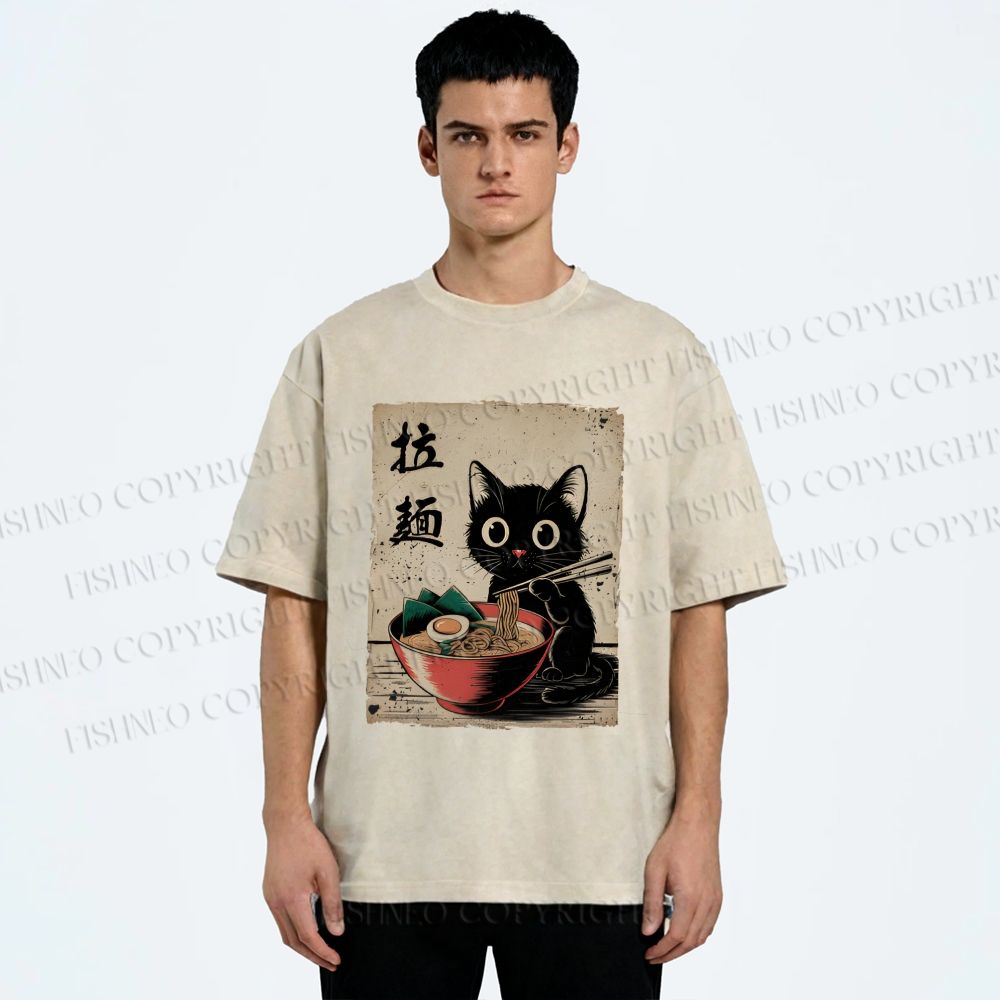 Unisex Adorable Black Cat Enjoying Ramen Printed Washed Tee