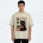 Unisex Adorable Black Cat Enjoying Ramen Printed Washed Tee