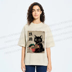 Unisex Adorable Black Cat Enjoying Ramen Printed Washed Tee