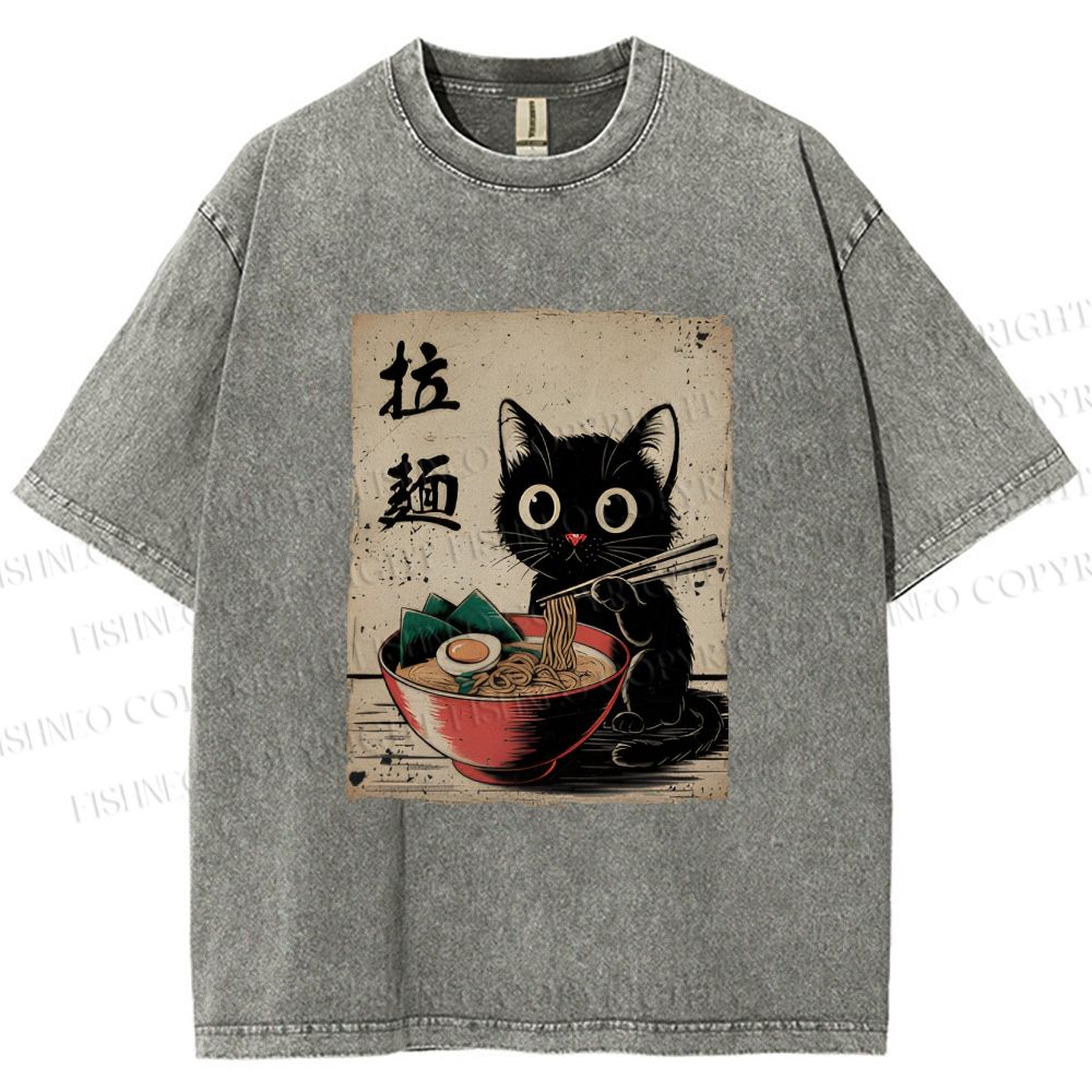Unisex Adorable Black Cat Enjoying Ramen Printed Washed Tee
