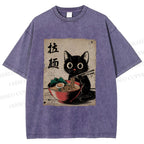 Unisex Adorable Black Cat Enjoying Ramen Printed Washed Tee