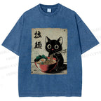 Unisex Adorable Black Cat Enjoying Ramen Printed Washed Tee
